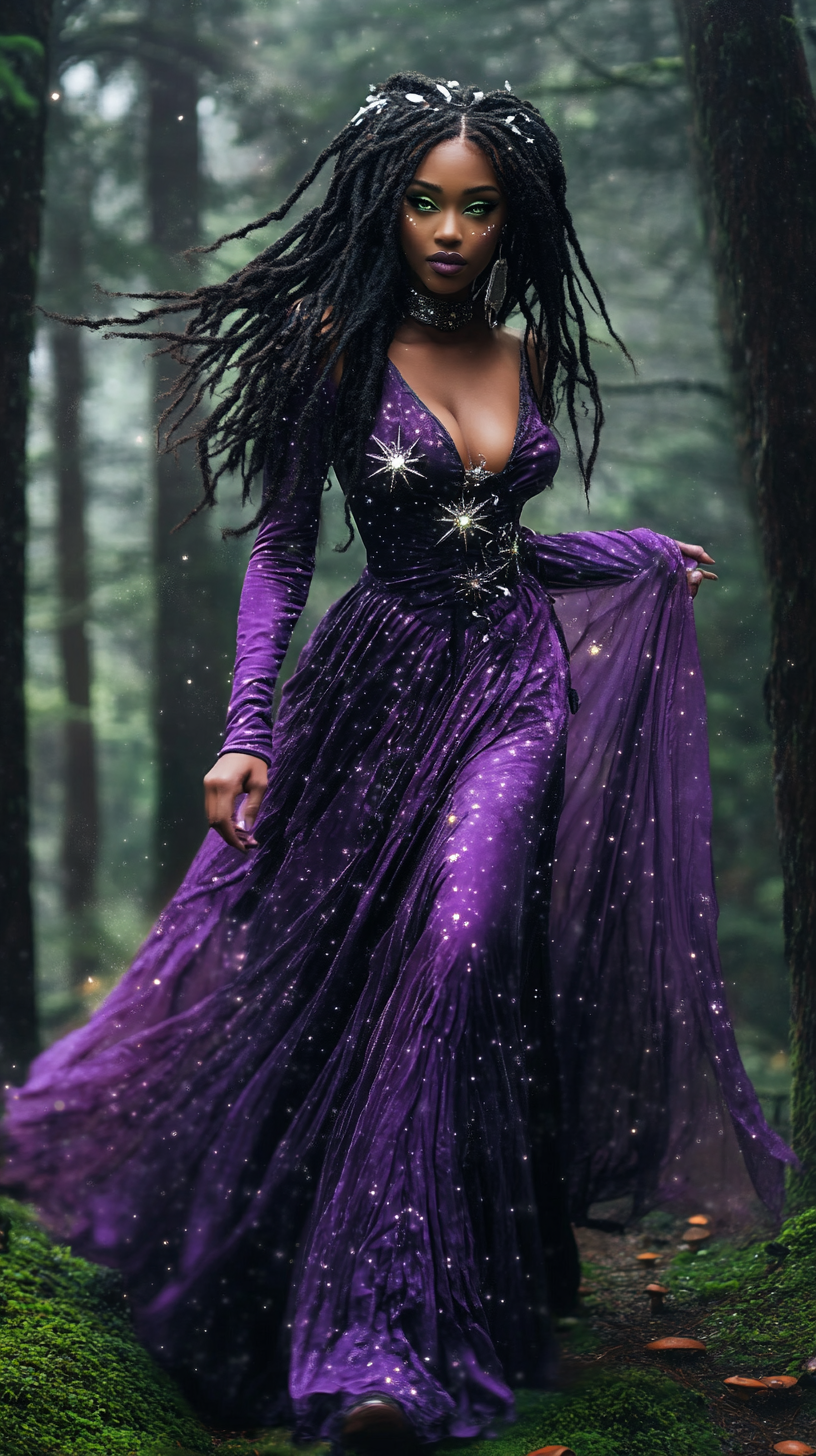 African American Woman's Magical Walk in Enchanted Forest