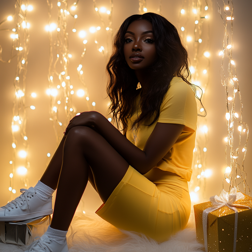 African American Woman with Yellow Outfit near Present