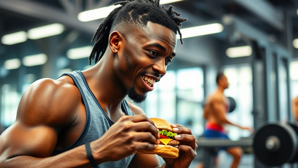 African American athlete eating burger at gym