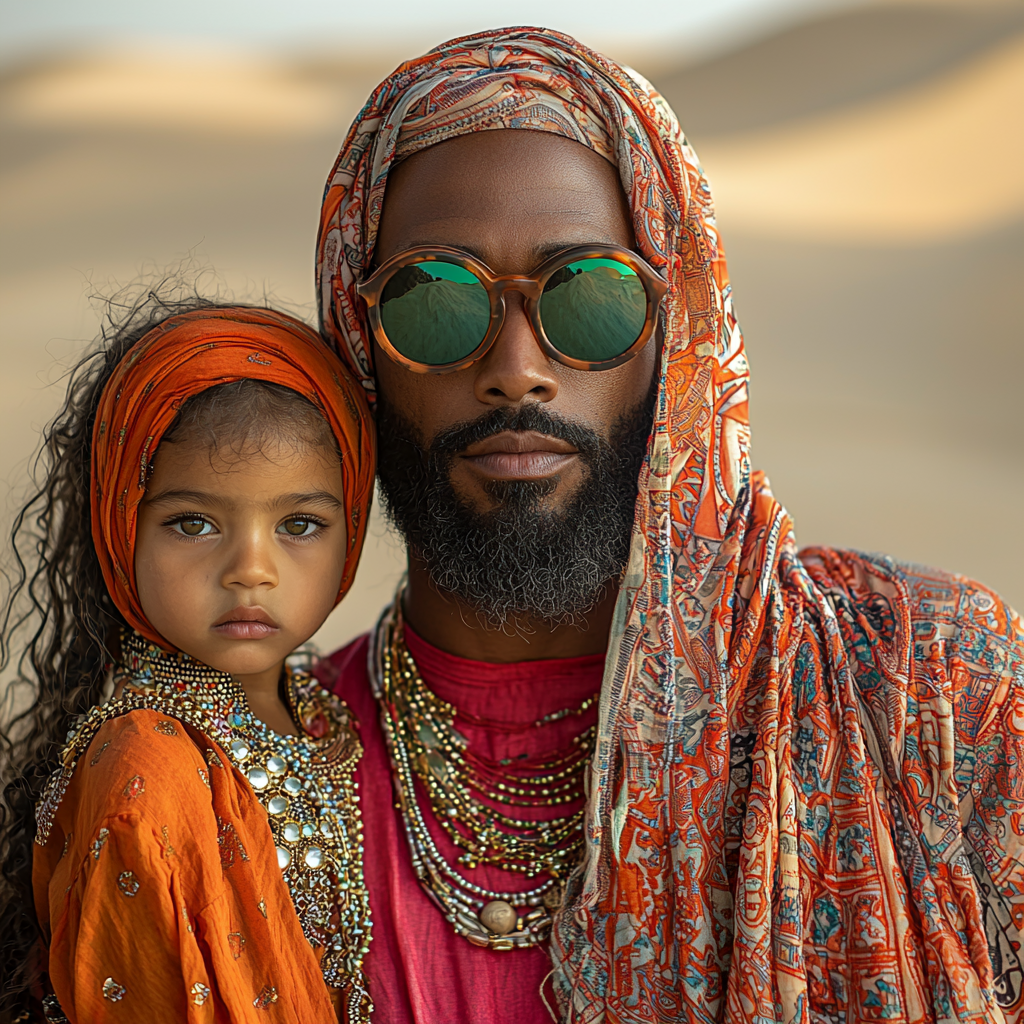 African American man, Arab wife, and daughter in Dubai desert sunset