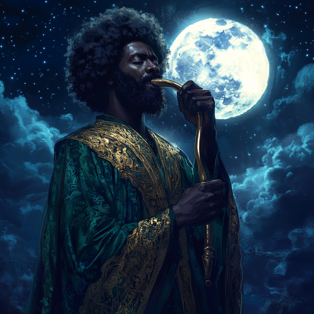 African American man with afro holds shofar horn.