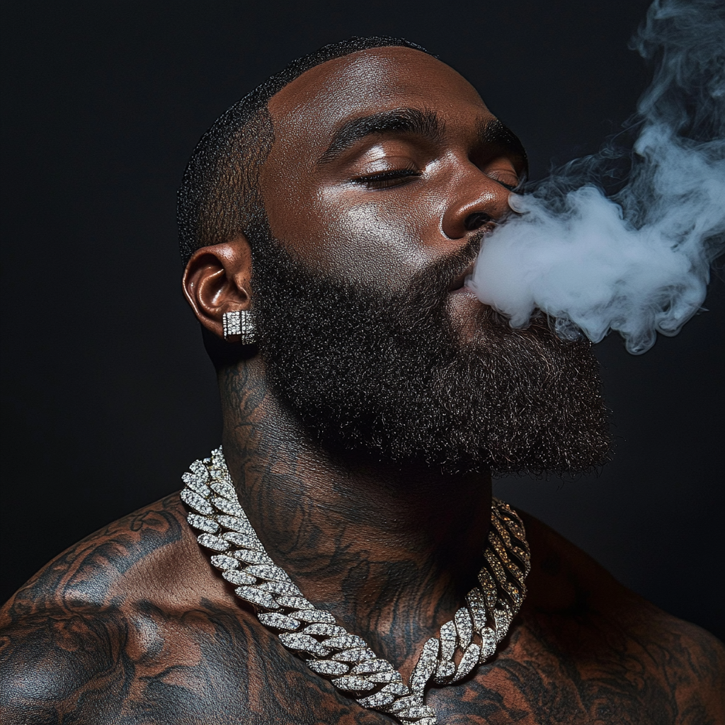 African American man with beard and tattoos smoking.