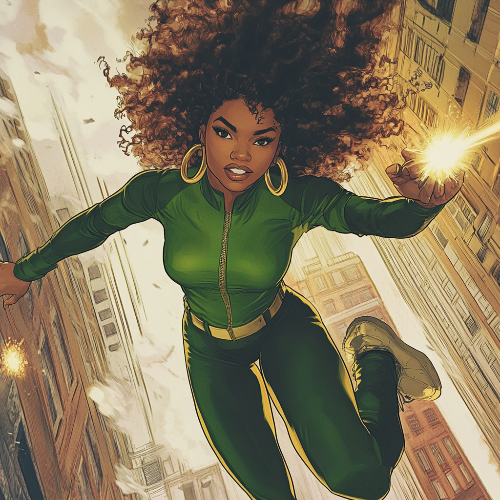 African American superhero saves curly African American women