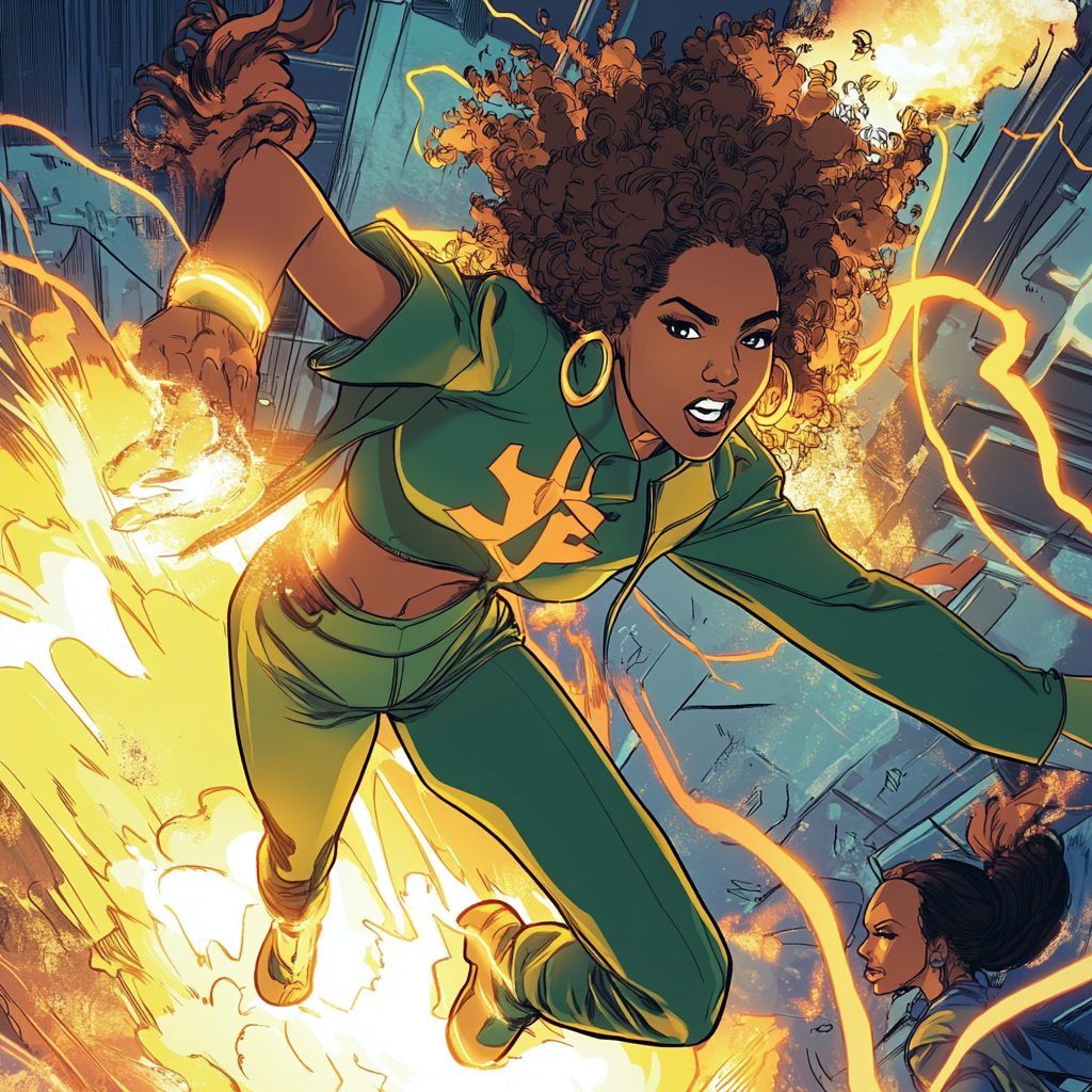 African American superhero saves women with superpowers in city