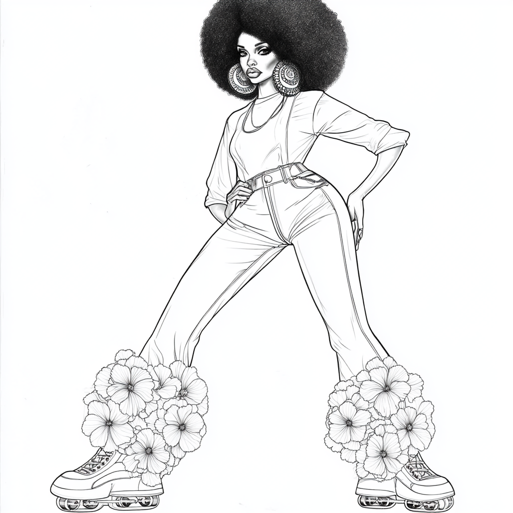 African-American woman in bell bottoms and roller skates.