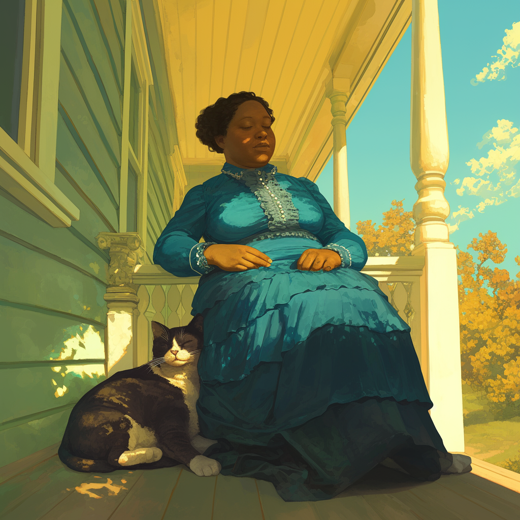 African American woman in blue dress with white cat.