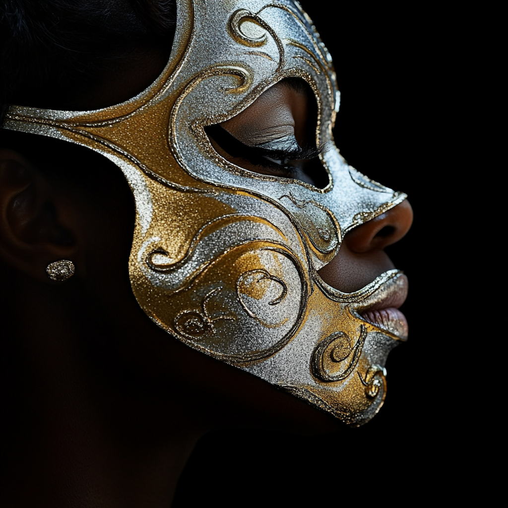 African American woman in gold and silver mask.