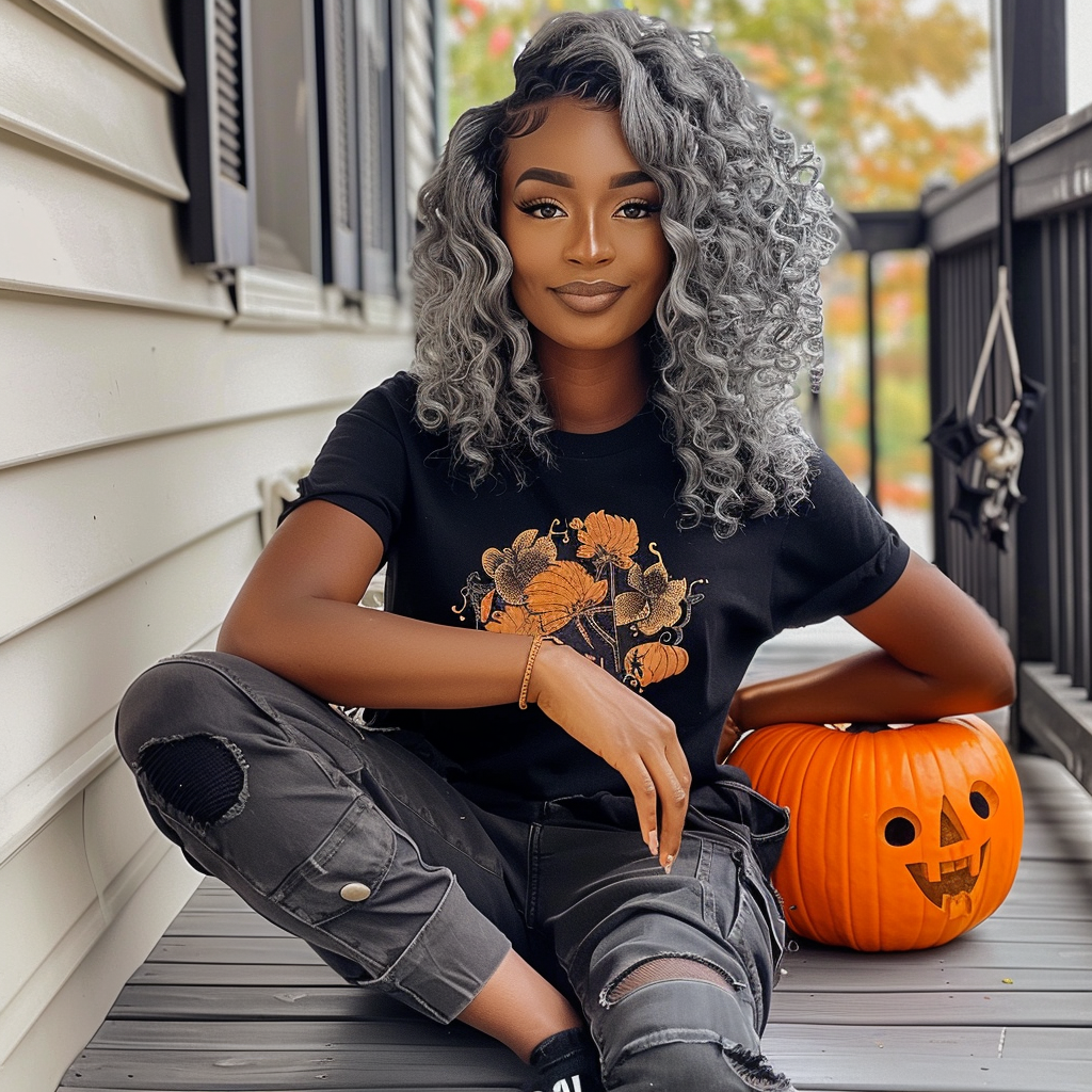 African-American woman with gray ringlet curls and pumpkin.