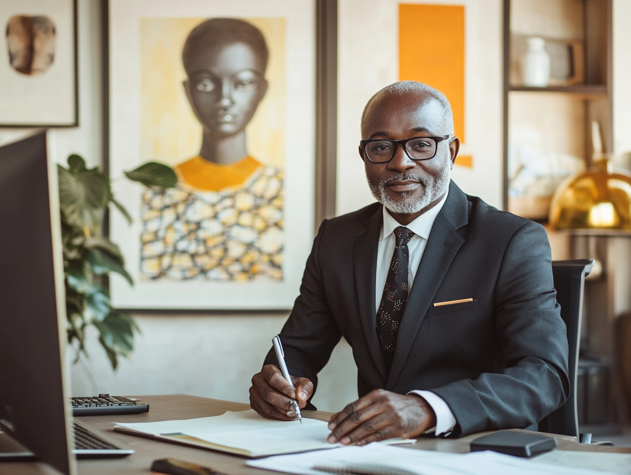 African Art Expert Authenticating in Office with Computer