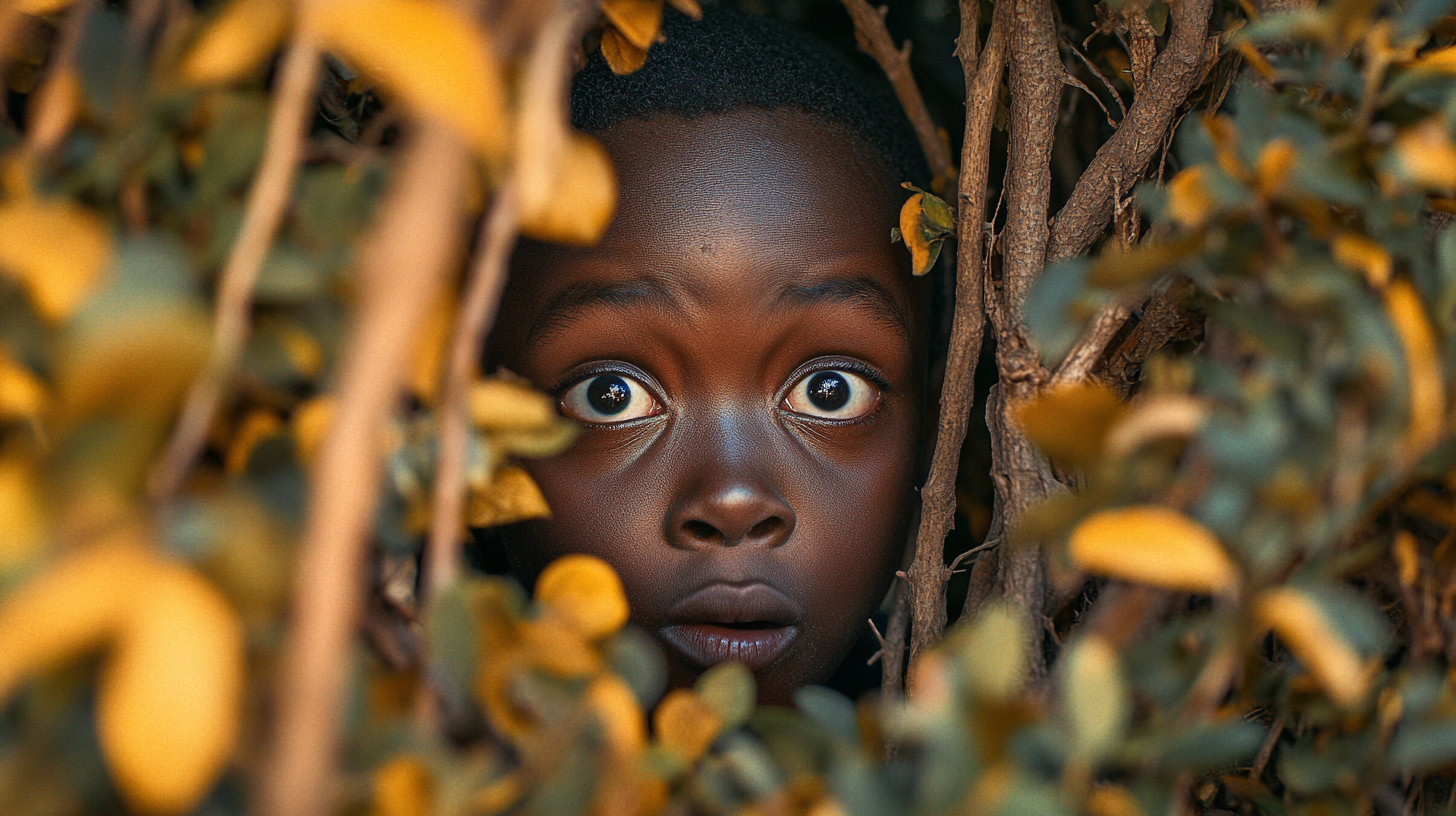 African Boy Staring Through Bush Opening in Shock