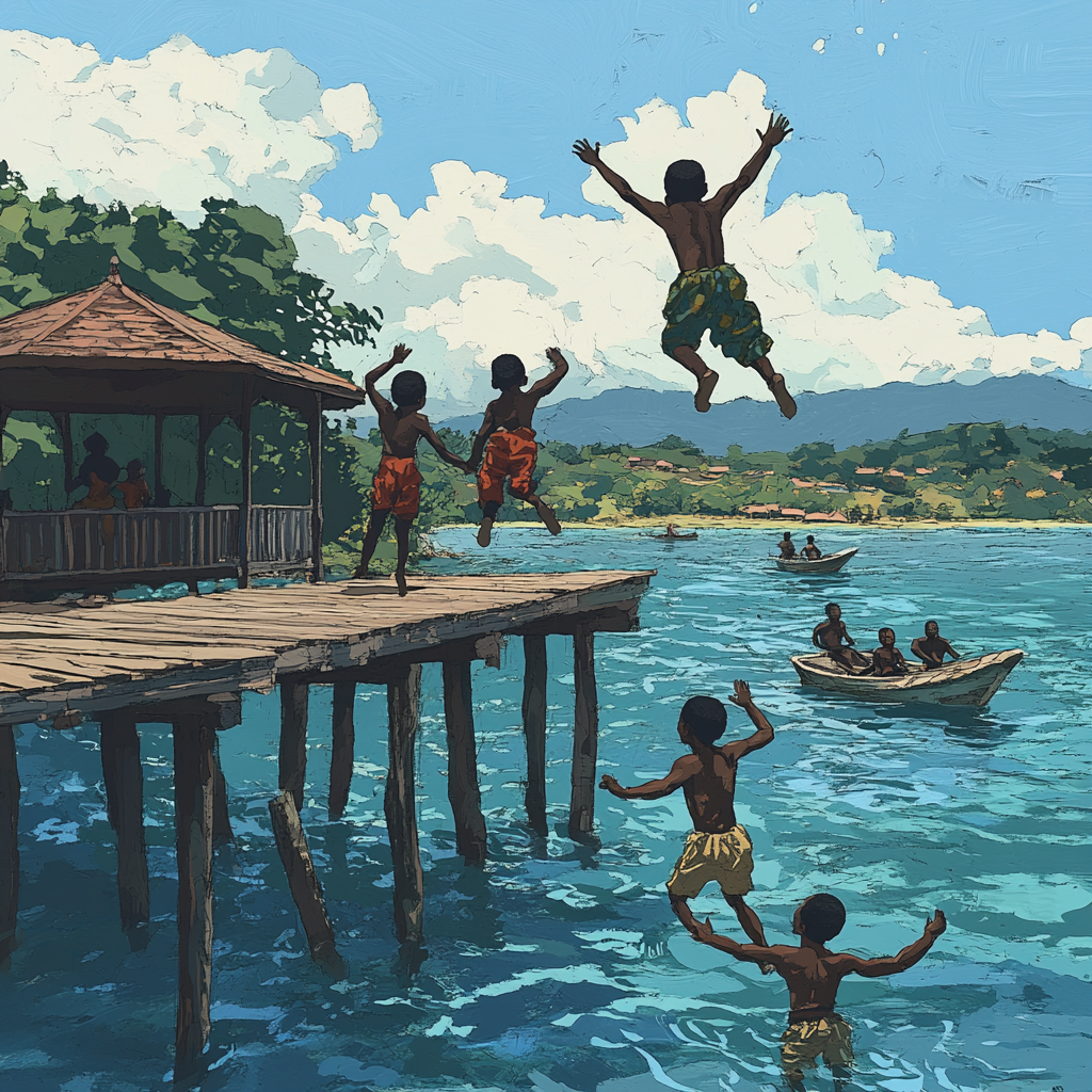 African Children Jumping and Swimming in Lake AI Cartoon