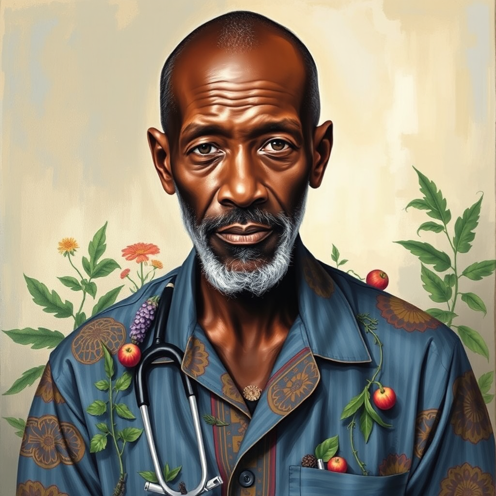 African Doctor Surrounded by Herbs and Paints