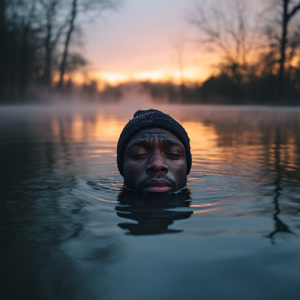 African Man in Cold Lake at Sunrise