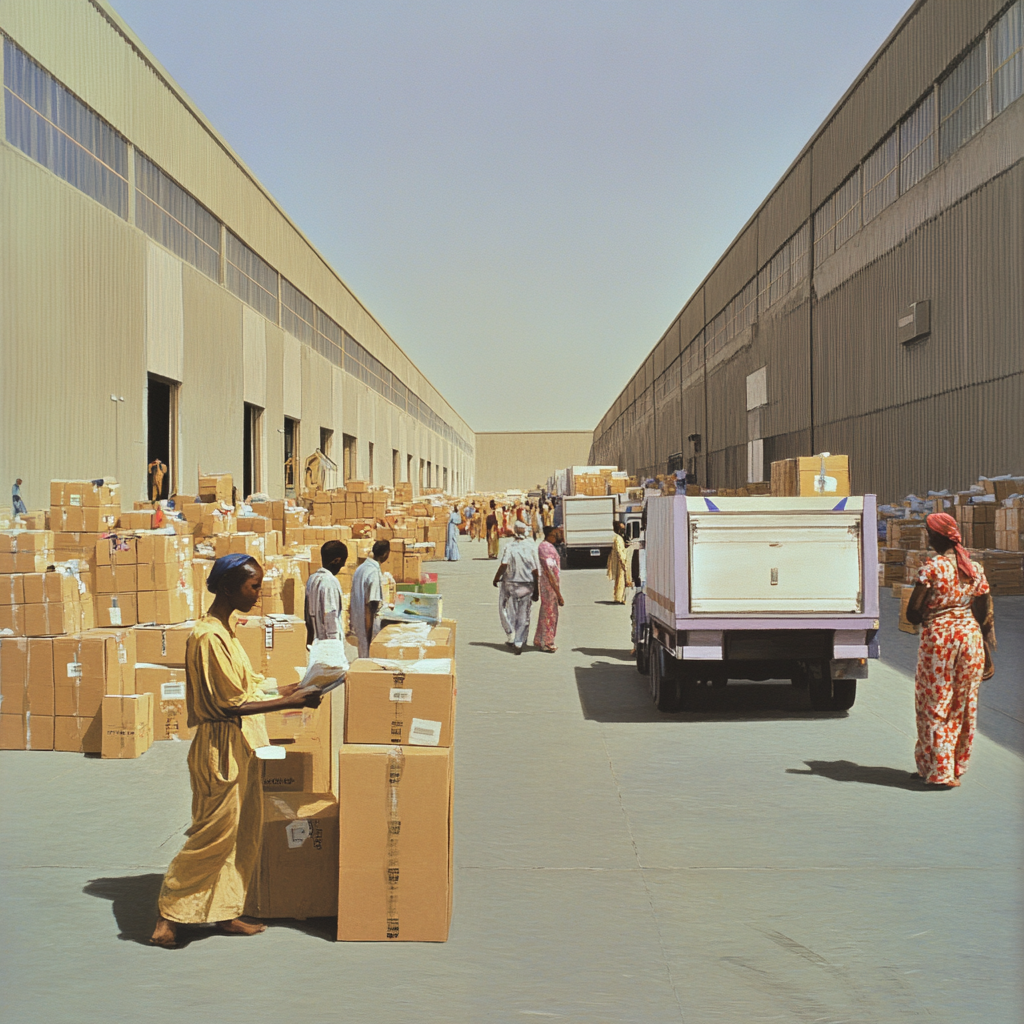 African Package Delivery Facility with Workers Loading 