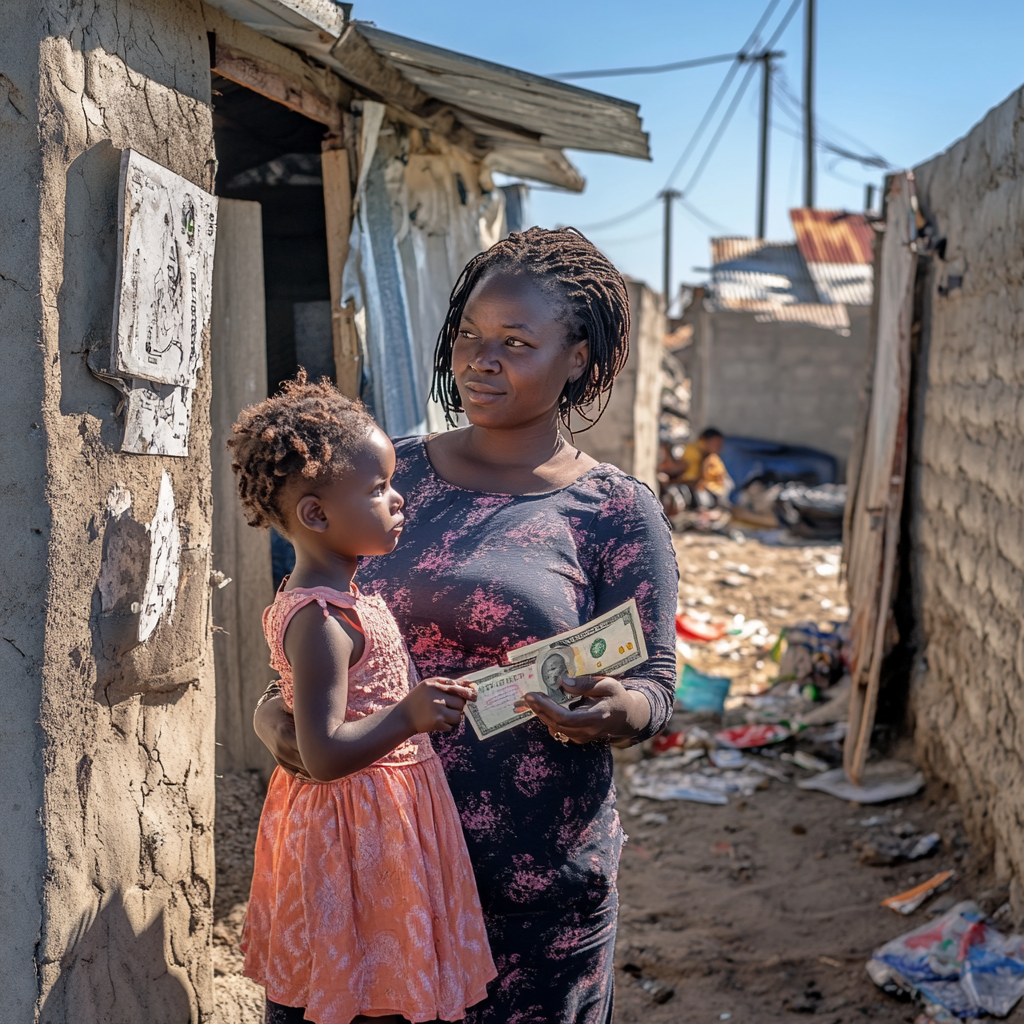 African Woman with Daughter Gratefully Holds Money