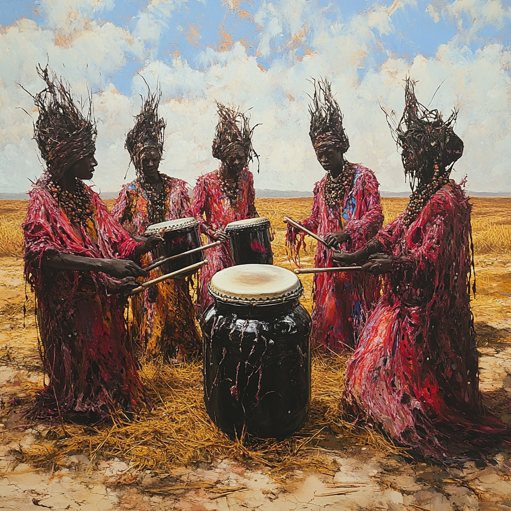 African Women Playing Drum Near Vitamin Jar.