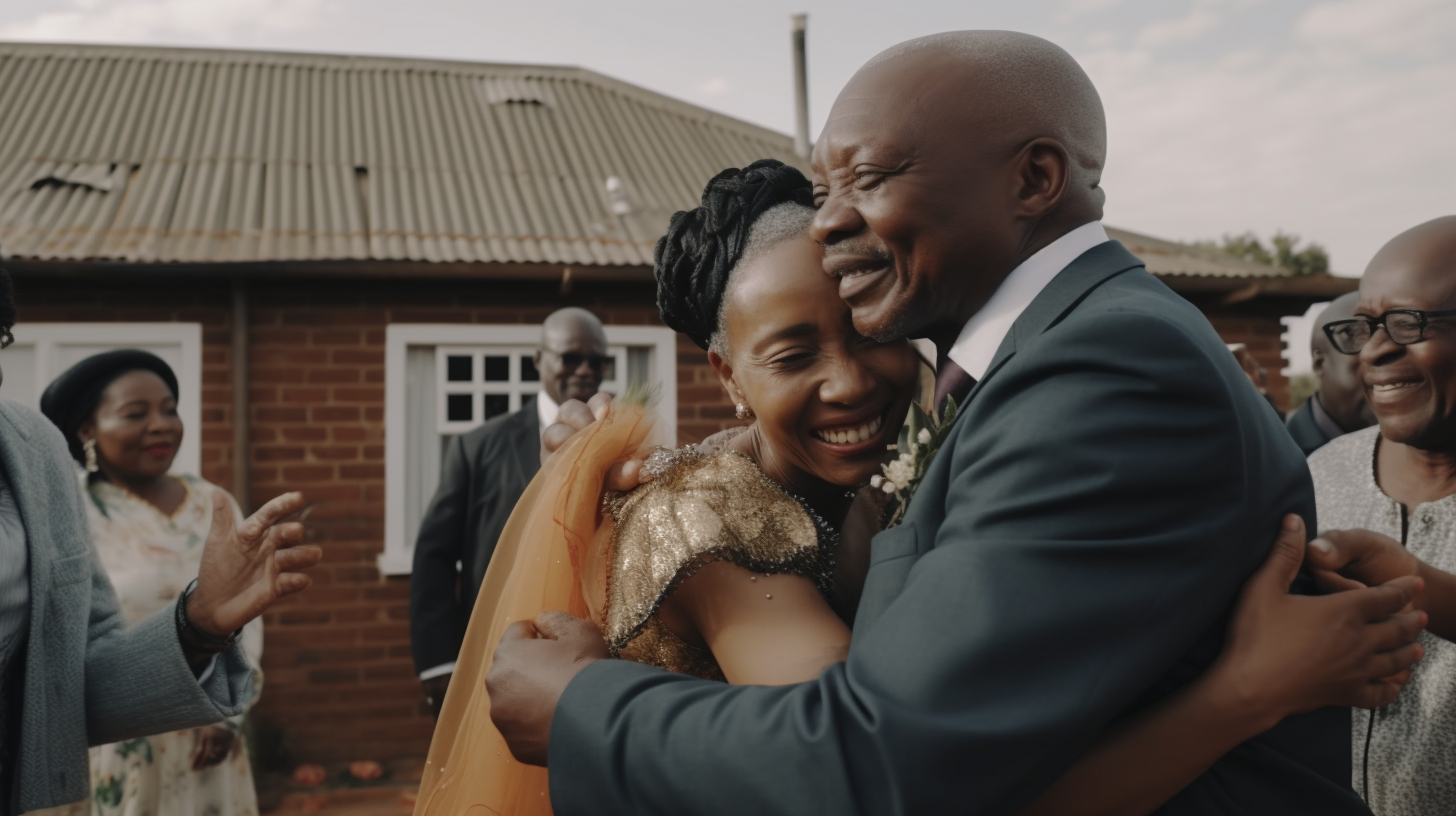 African couple celebrates wedding at family home.