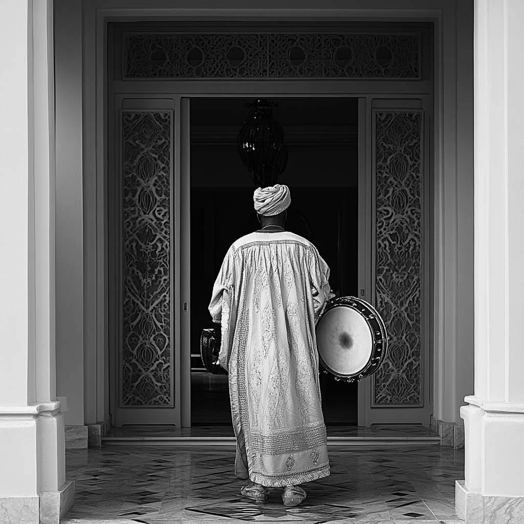 African drummer in regal agbada outside beautiful Lagos house.