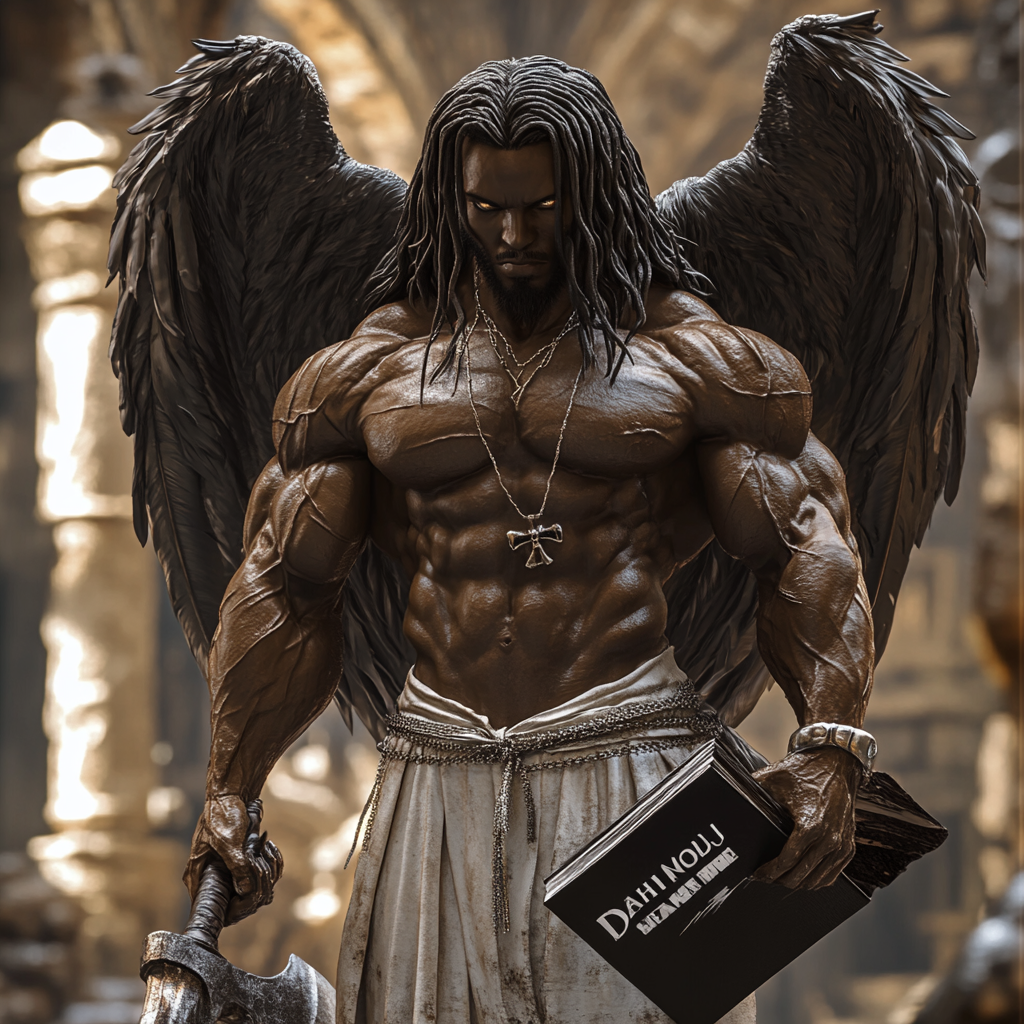 African god with muscles and Death Note book.