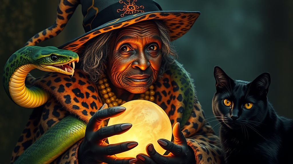 African granny witch with leopard skin, crystal ball, snake.