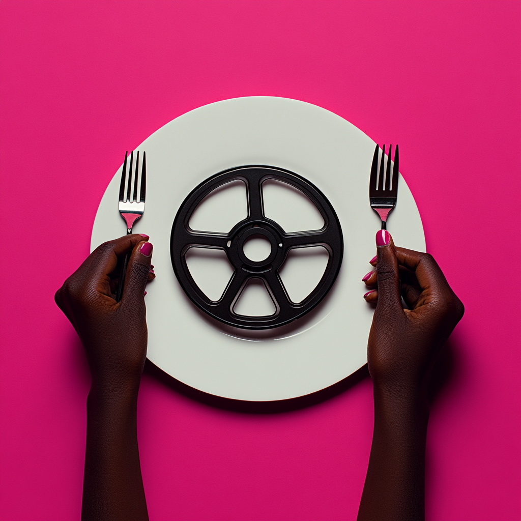 African hands with cutlery on film reel plate