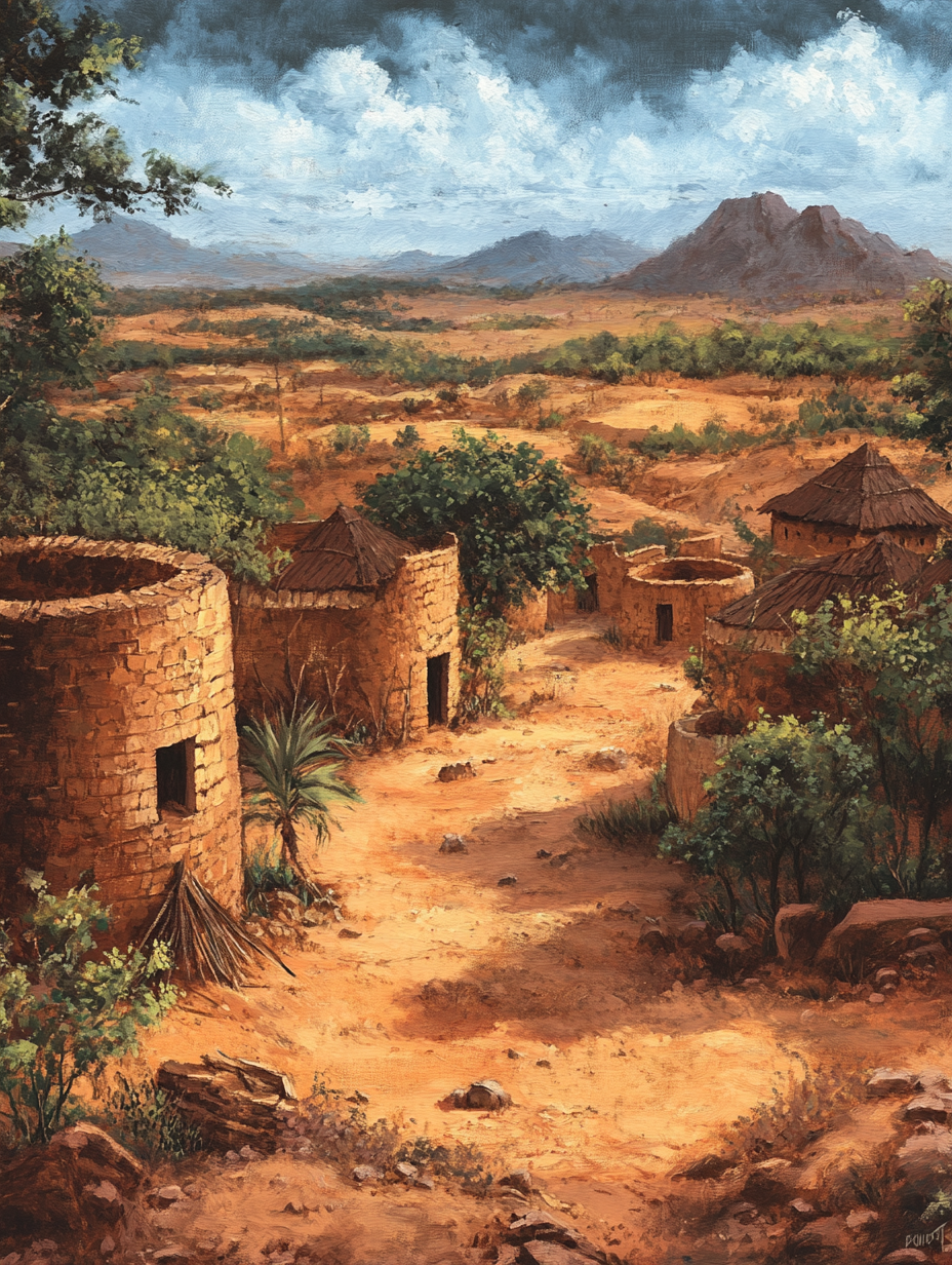 African homes and landscape painting from ground level view.