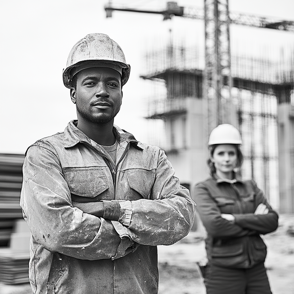 African man, European woman, construction workers in photo.