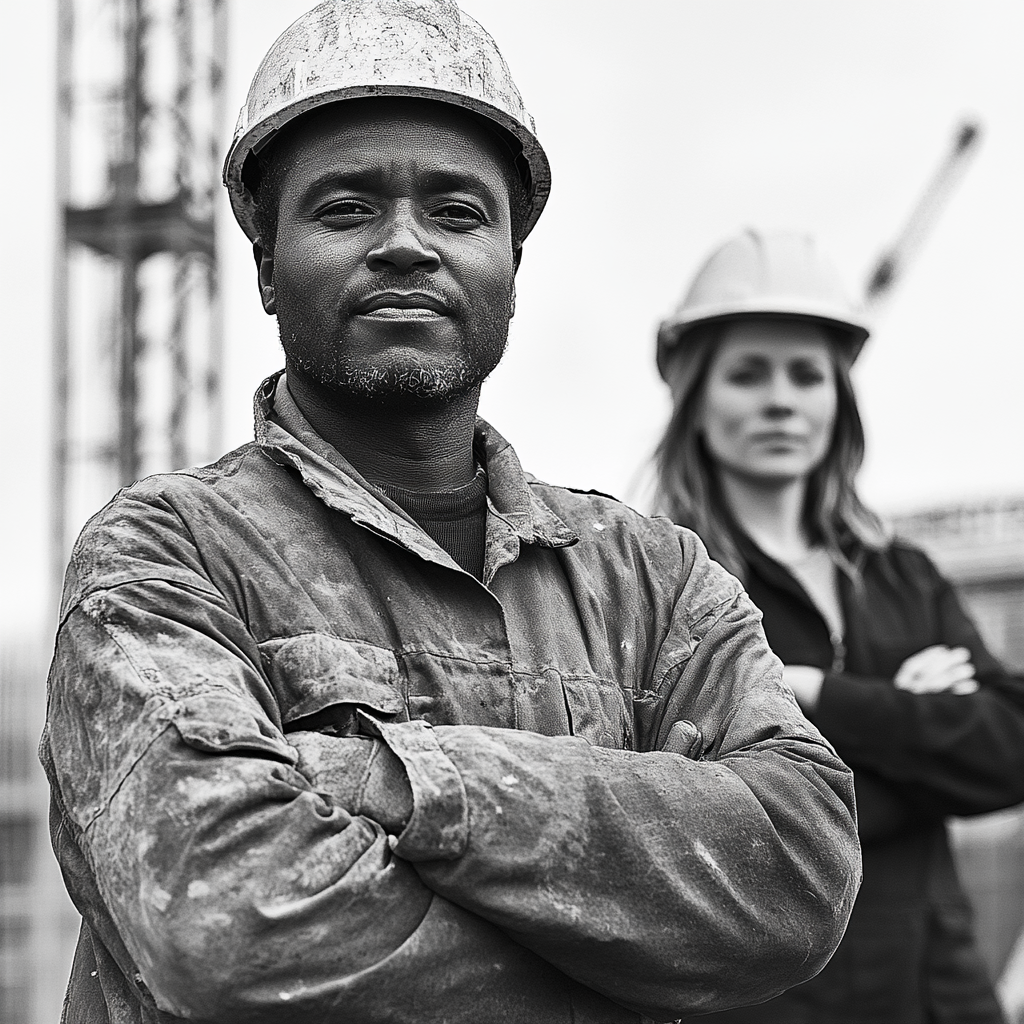 African man, European woman, workers in builder's clothes.