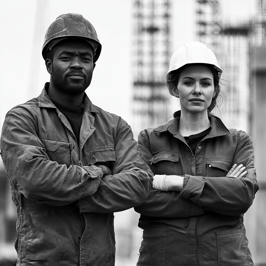 African man, European woman, workers in builder attire.