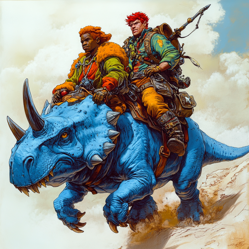 African man and Irish man riding blue dinosaur adventure.