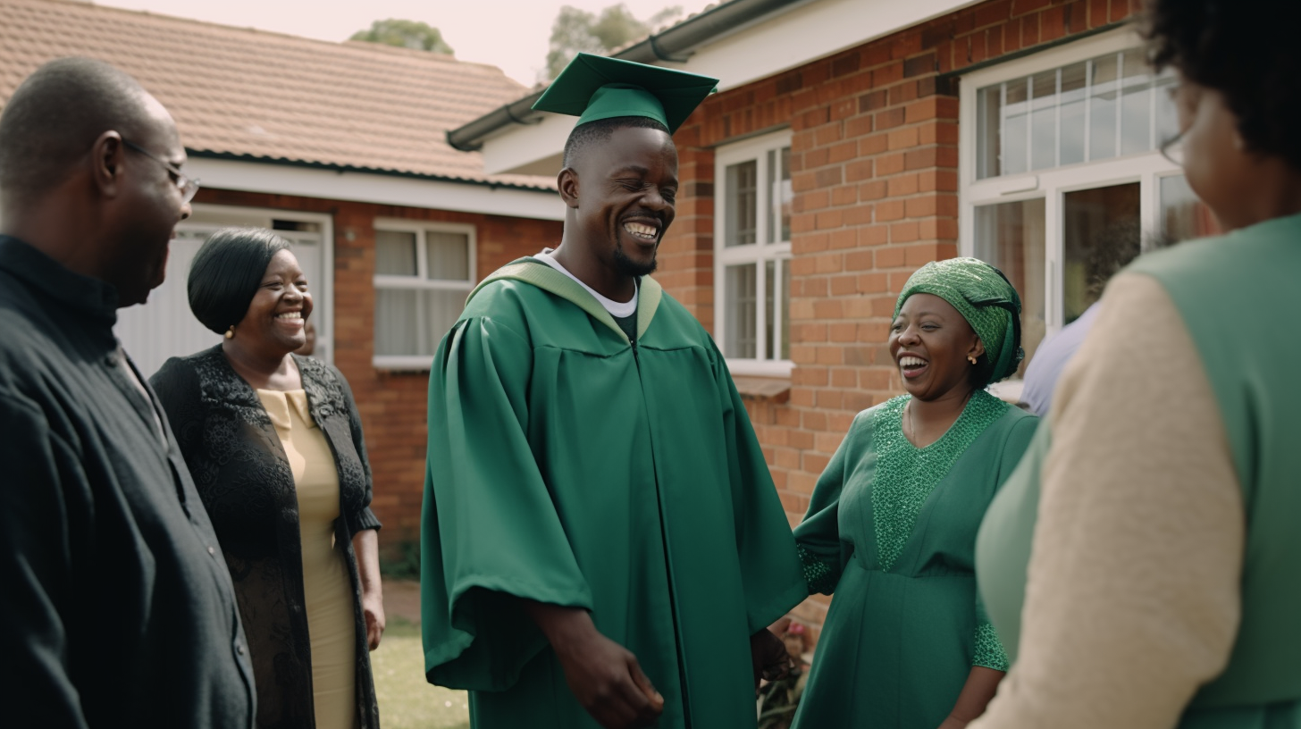 African man in green robe graduation party celebration