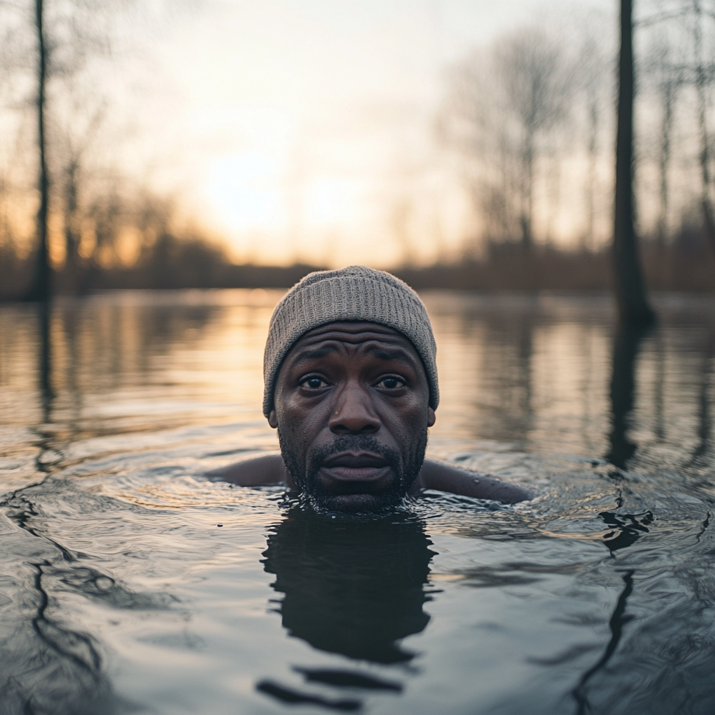 African man submerged in lake taking selfie.