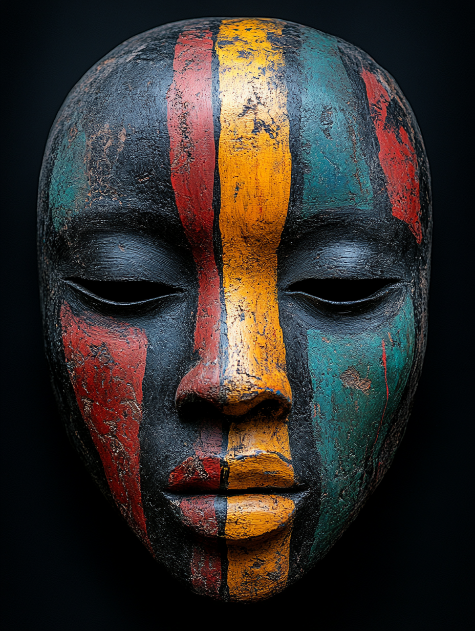 African mask with red, yellow, and green paint.