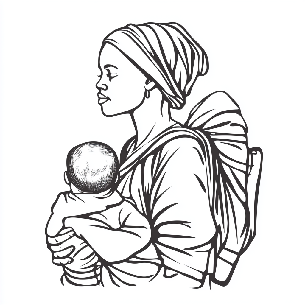 African mother carrying baby in village, simple white drawing.