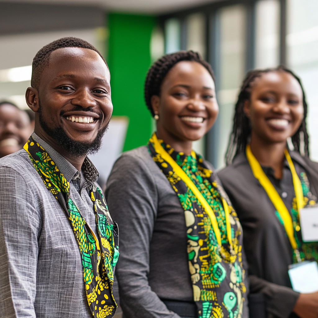 African professionals in grey, green, and yellow smiling.