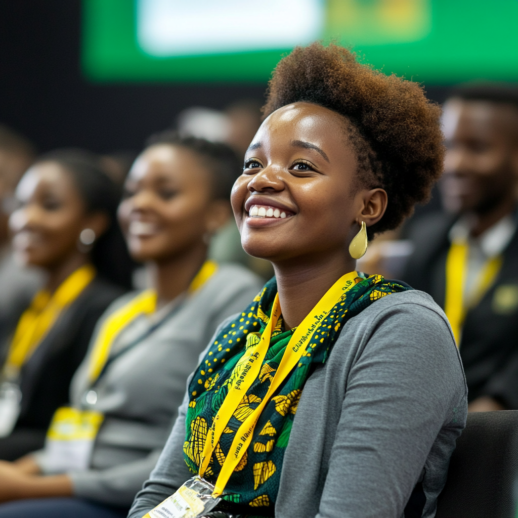 African professionals wear grey, green, yellow, smile, pitch.