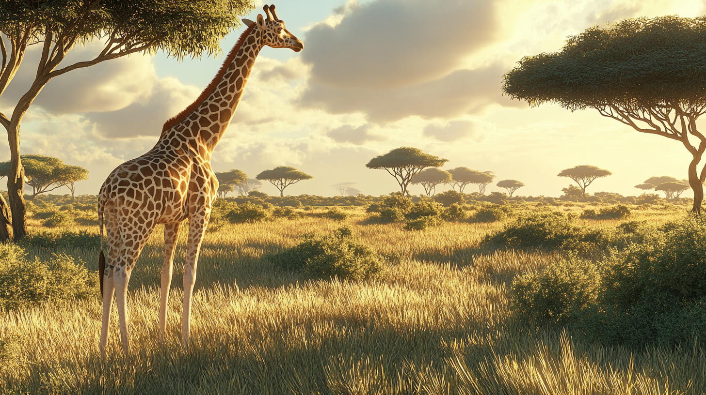 African savannah with Zuma the elegant giraffe standing majestically.