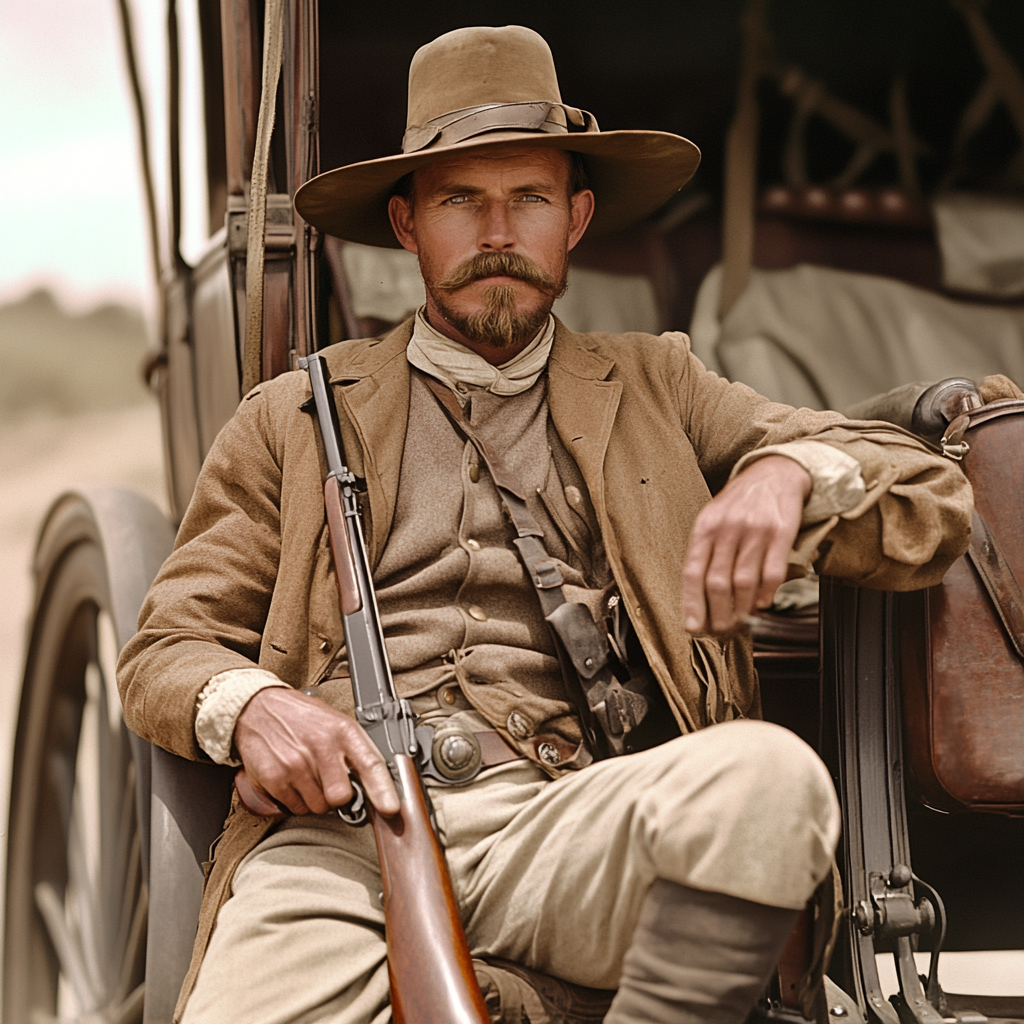 African soldier with gun by old carriage, 1900s.