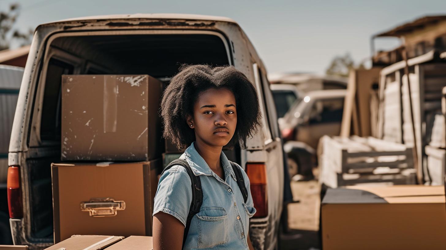 African student girl in front of moving van