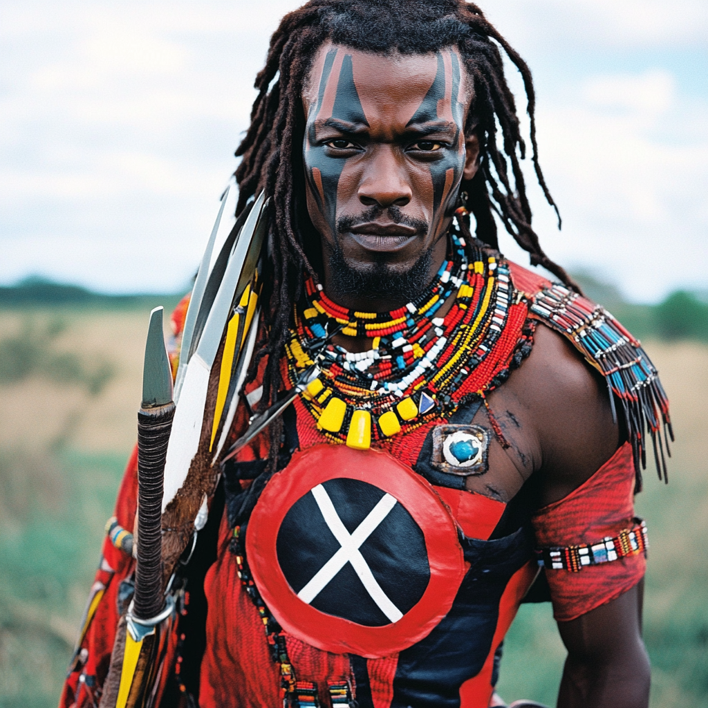 African superhero with Maasai tribe attire and spear