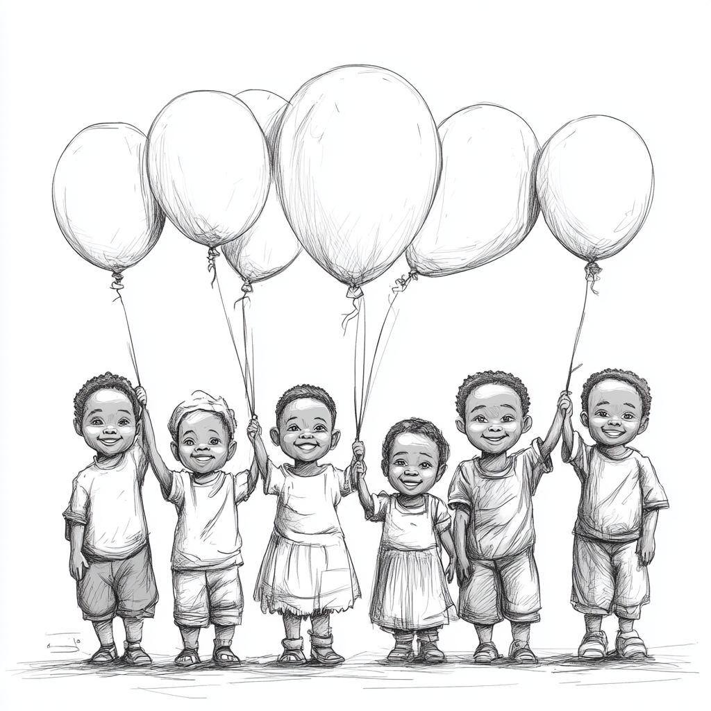 African village children holding balloons in thick outline shapes.