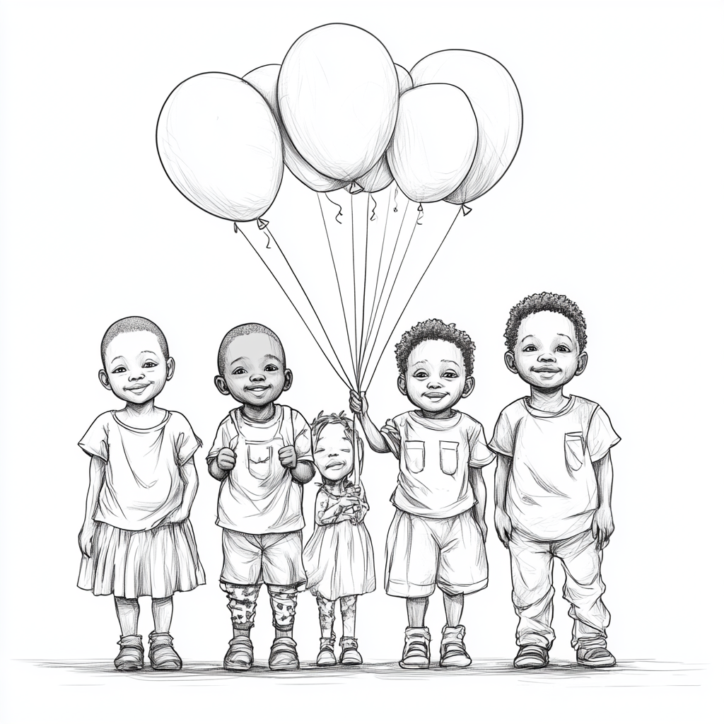 African village children holding balloons on white background -s 250