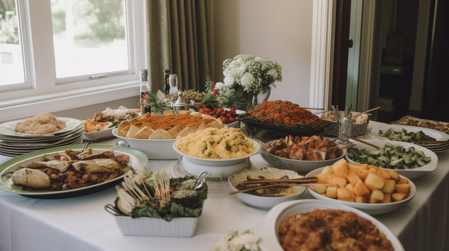 African wedding food platters at family house party