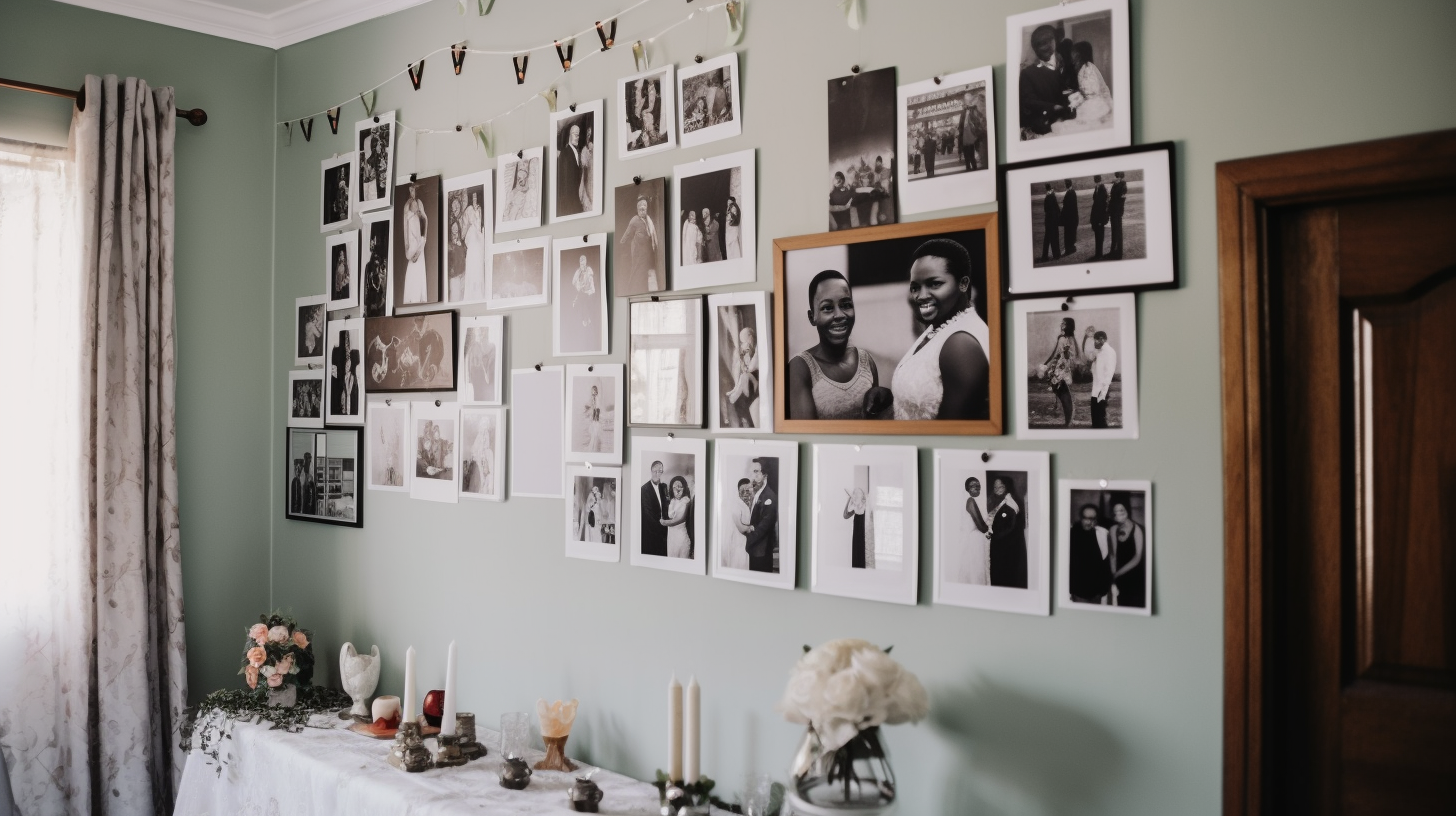 African wedding photos on bedroom wall in South Africa.