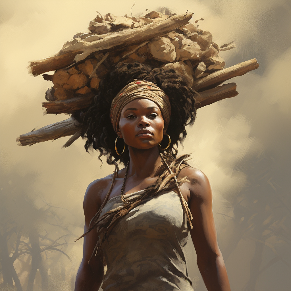 Strong African woman carrying firewood