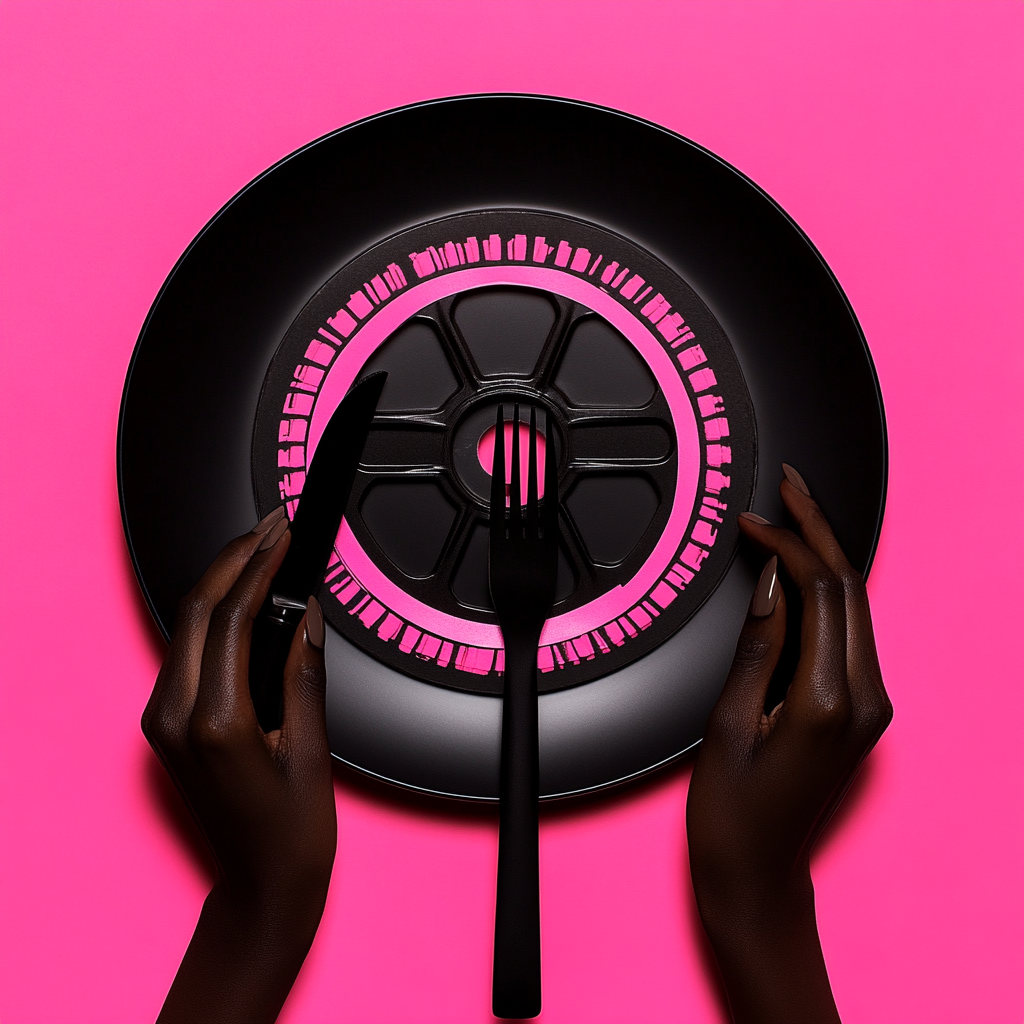 African woman holding knife and fork on plate