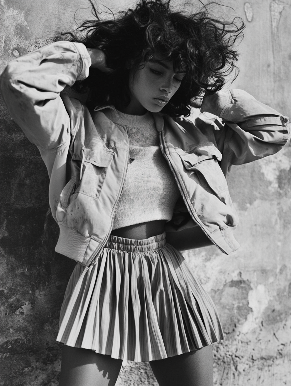 African woman in bomber jacket, skirt pushes hair back.