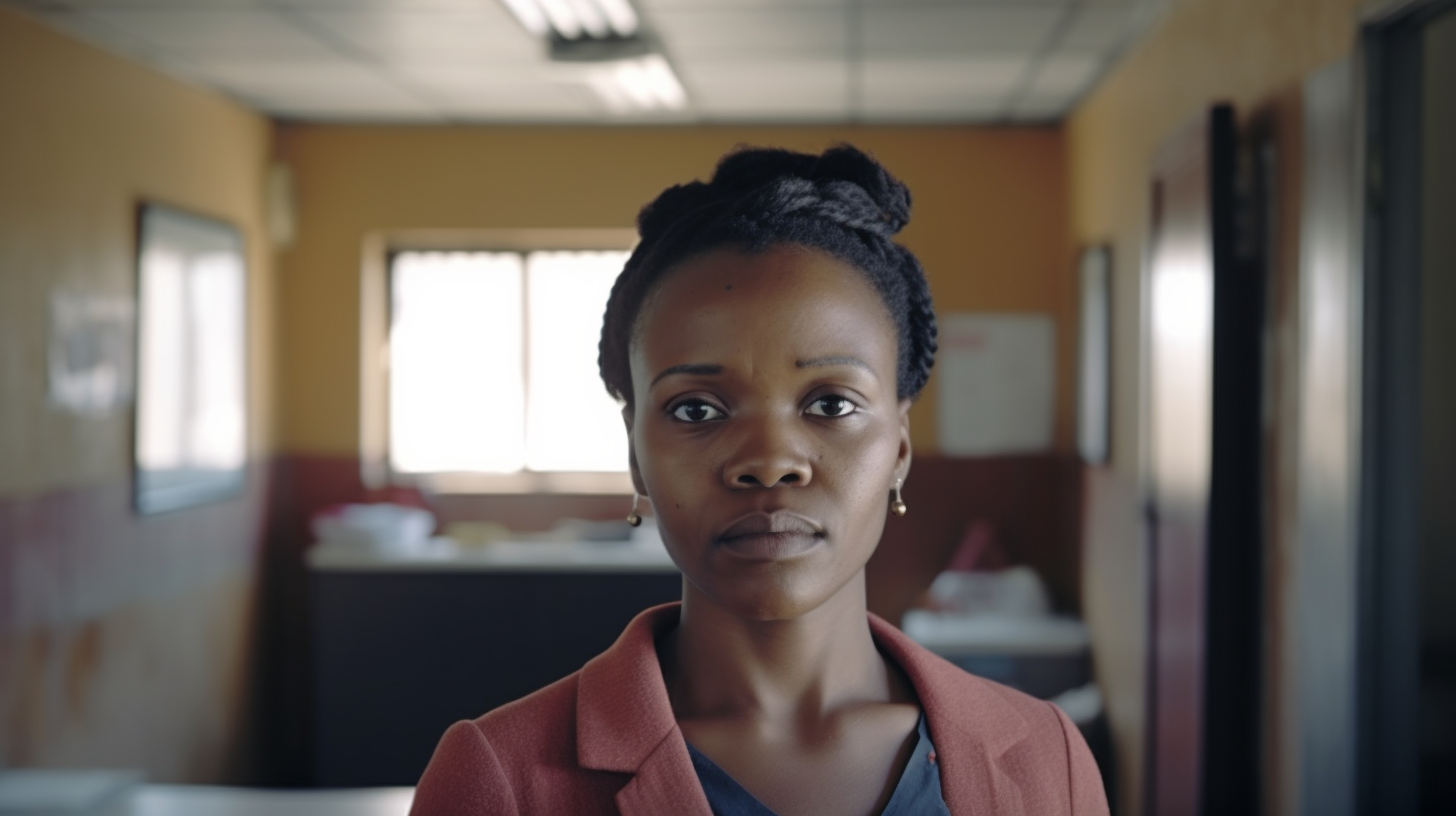 African woman in new office in South Africa.