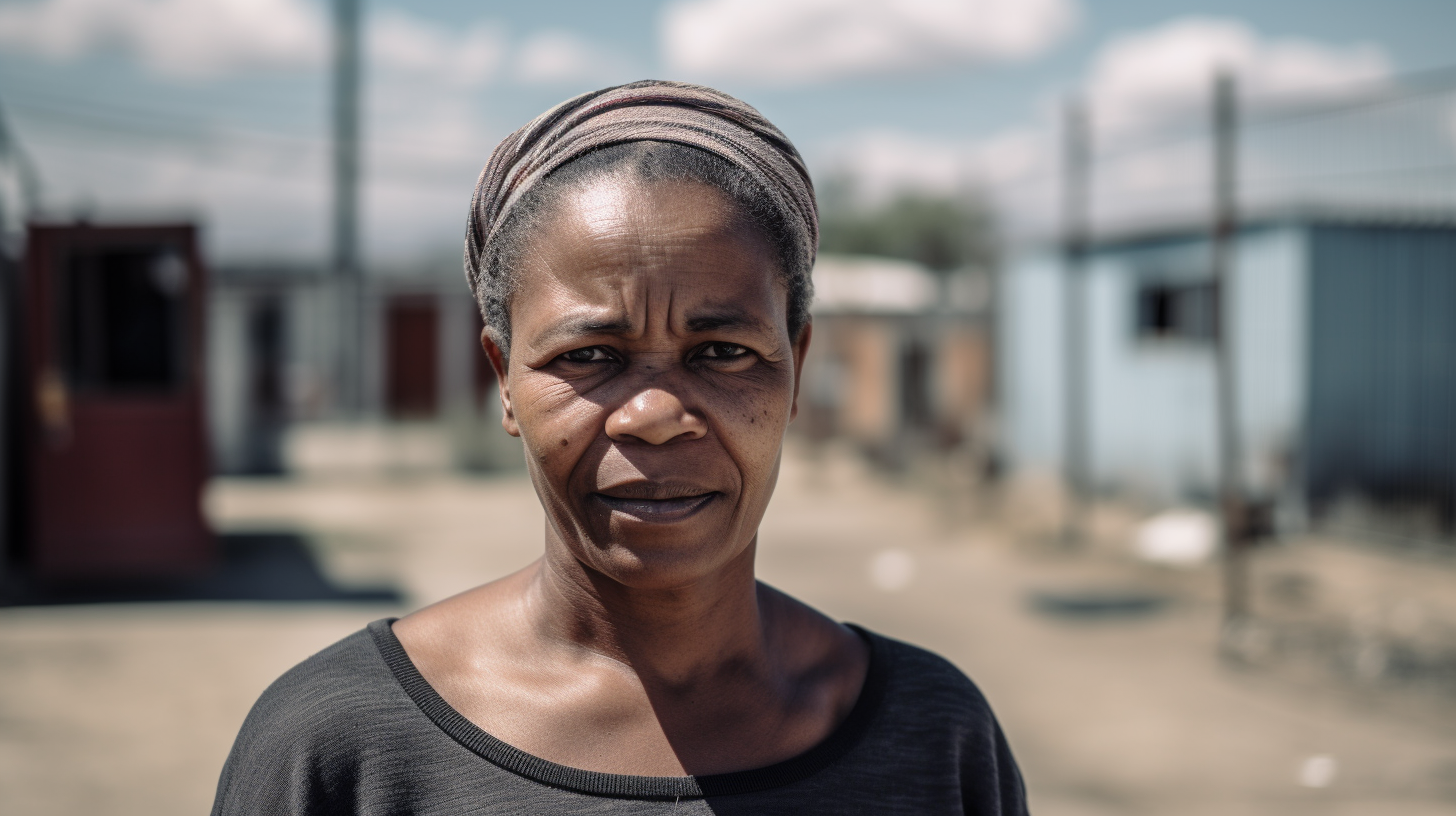 African woman in office township, South Africa. Hyperrealistic.