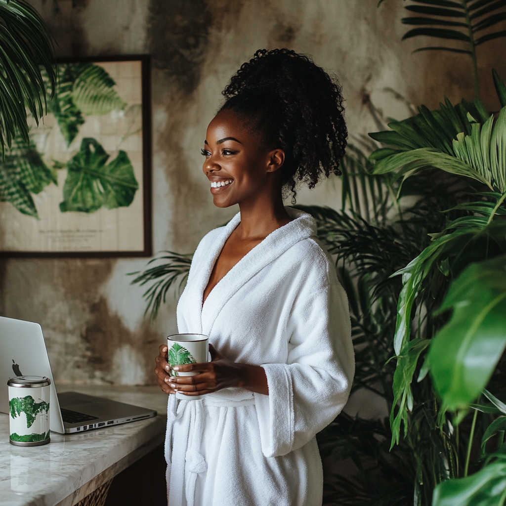 African woman in white robe smiling in plant bathroom.